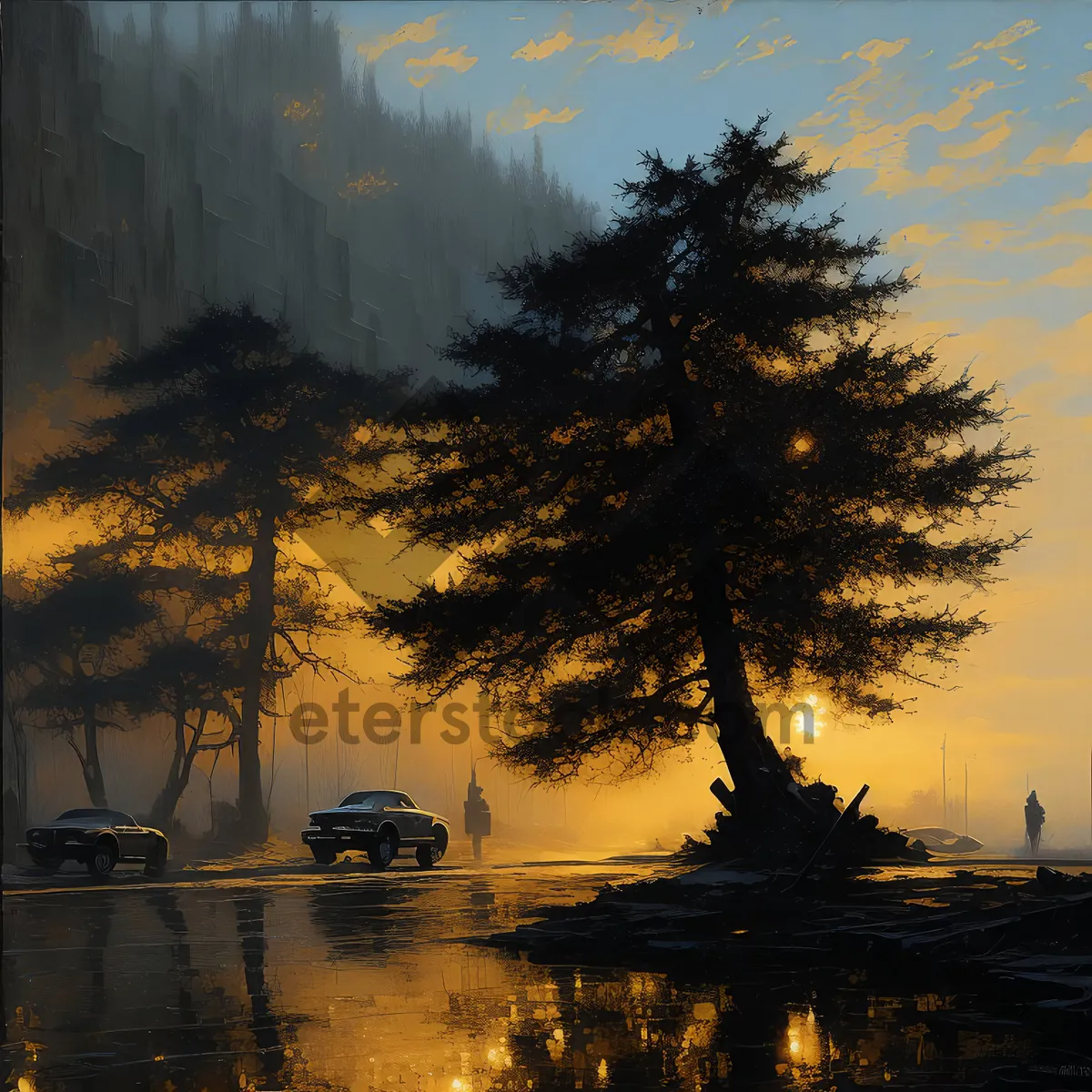 Picture of Silhouette palm tree sunset beach reflection scene.