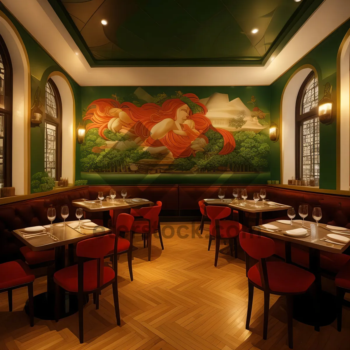 Picture of Modern restaurant interior with stylish furniture and lighting