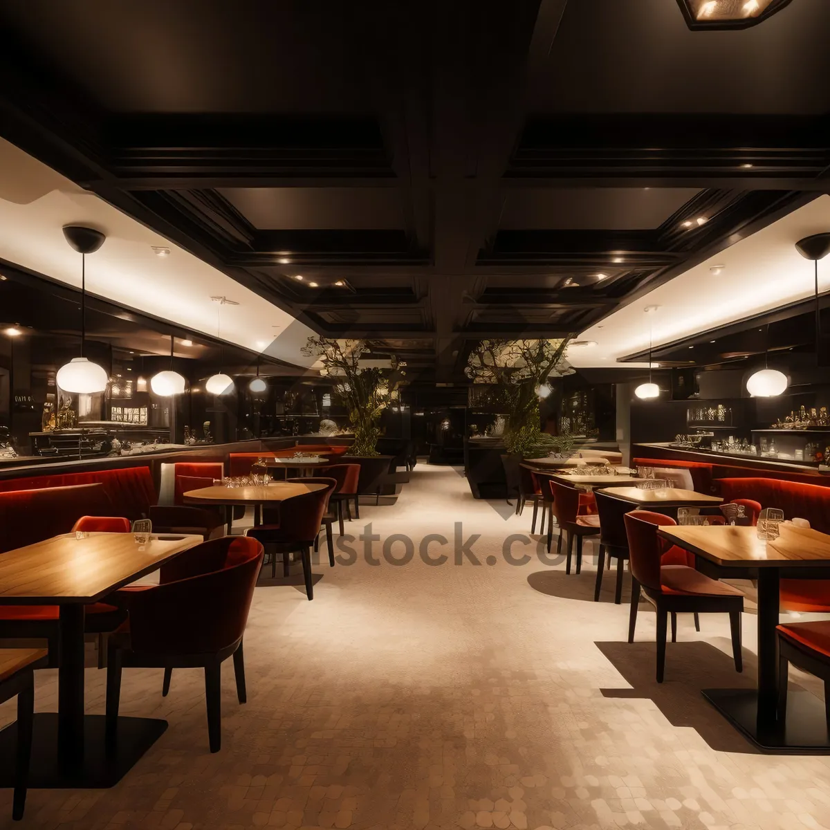 Picture of Modern cafeteria interior with empty chairs and tables