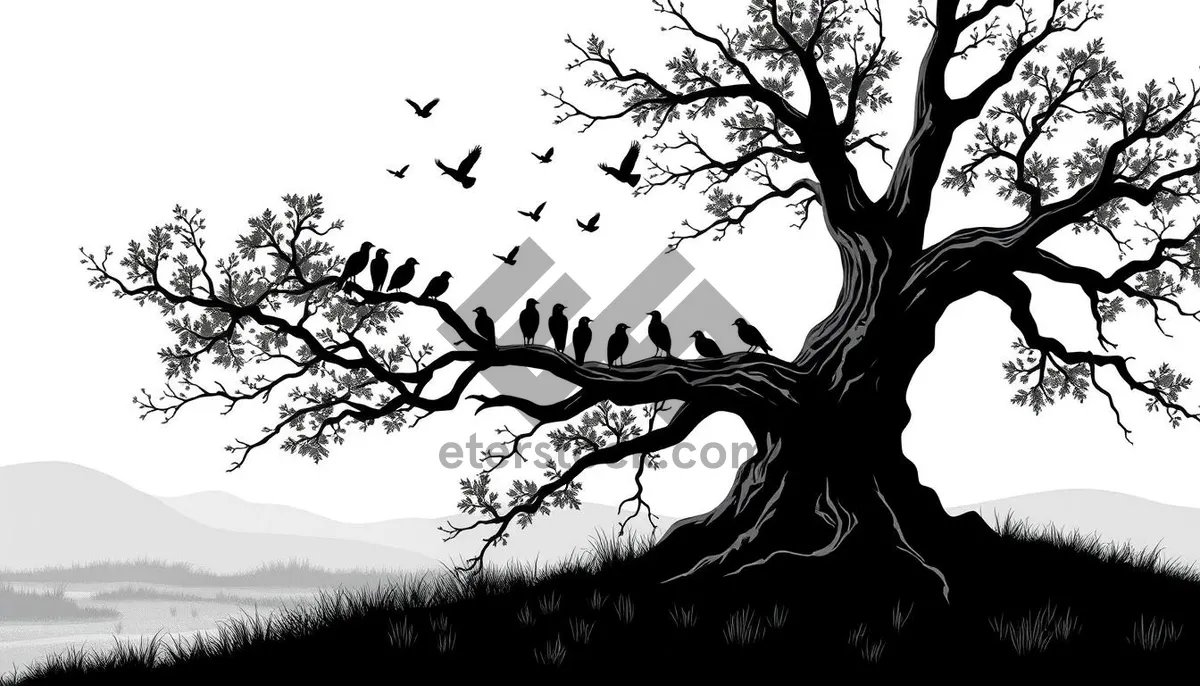 Picture of Black silhouette of oak tree branch and plant