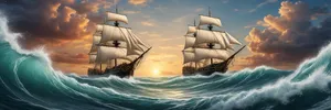Pirate ship sailing into the sunset on beach