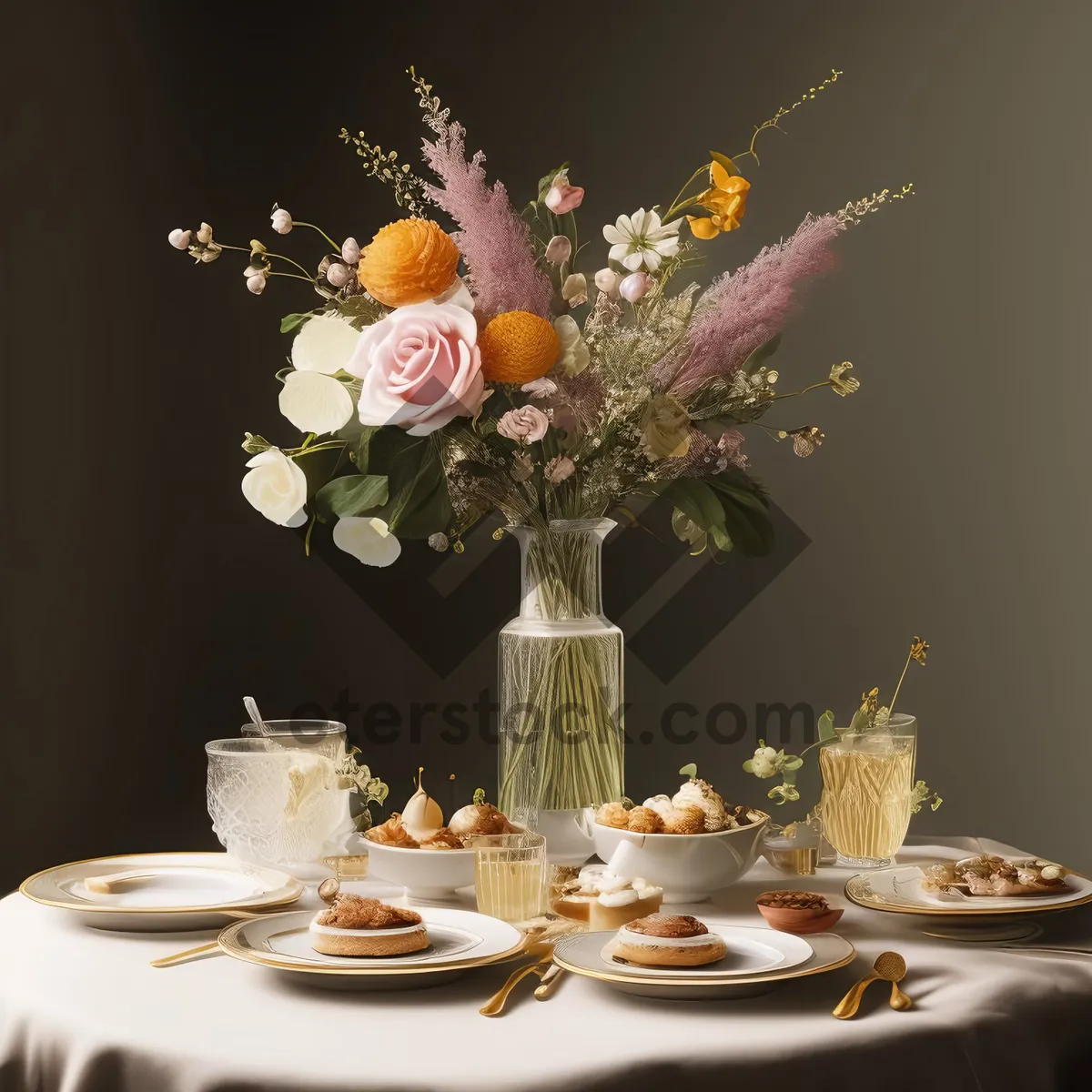 Picture of Luxurious dinner table setting with floral bouquet centerpiece