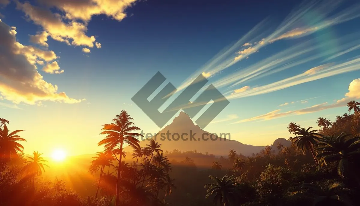 Picture of Sunset silhouette over palm tree-lined beach.