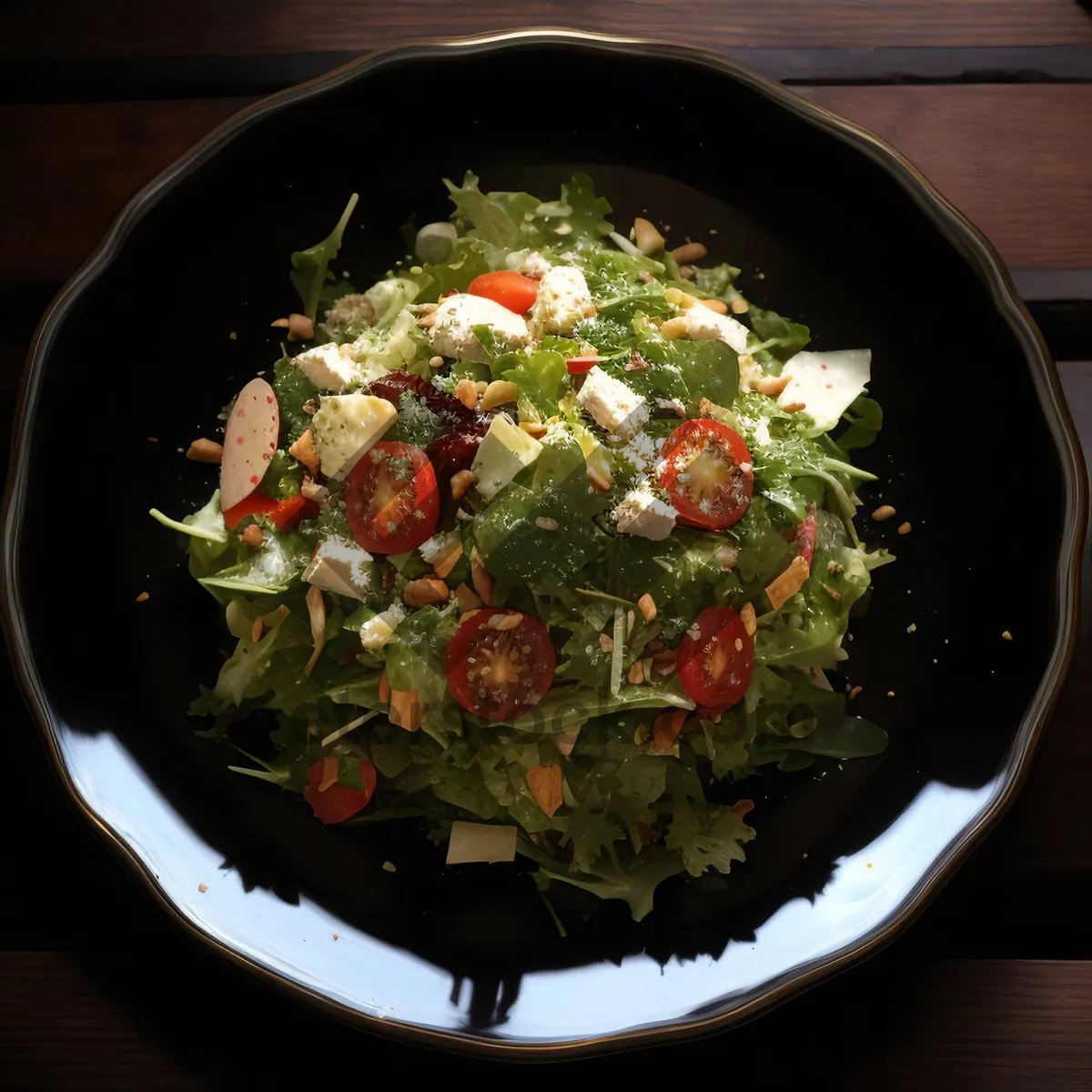 Picture of Healthy vegetable salad with grilled meat and rice