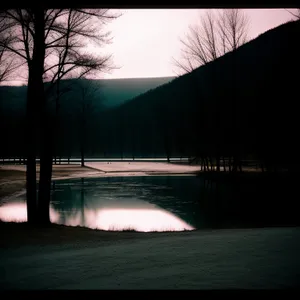 Sunset Reflection on River Dam