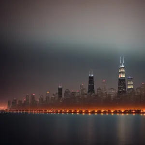 Nighttime City Skyline Reflection on Water