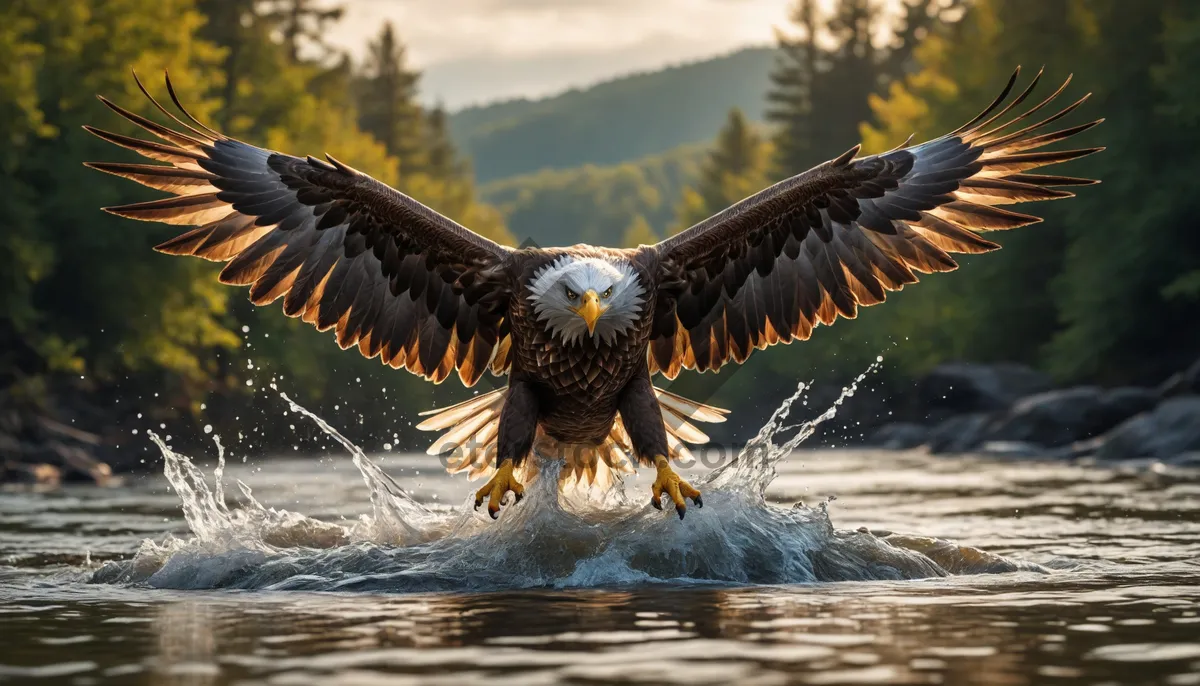 Picture of Bald Eagle Soaring Over Water With Intense Stare