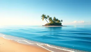 Tropical paradise beach with palm trees and ocean wave.