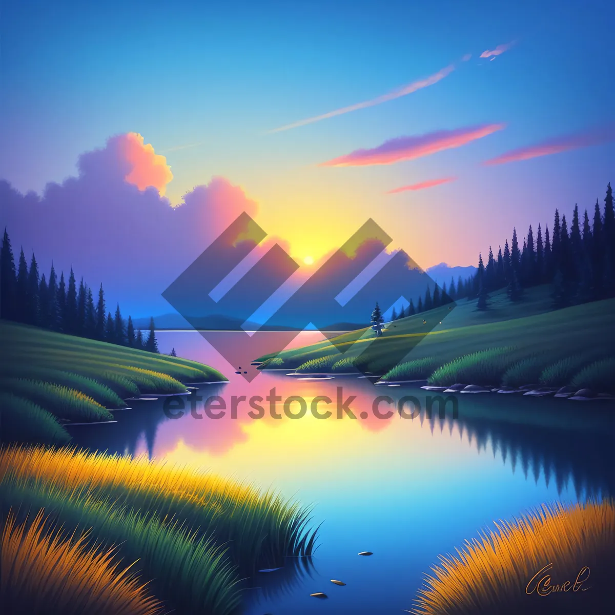 Picture of Serene Sunset Reflection over Lakeside Landscape