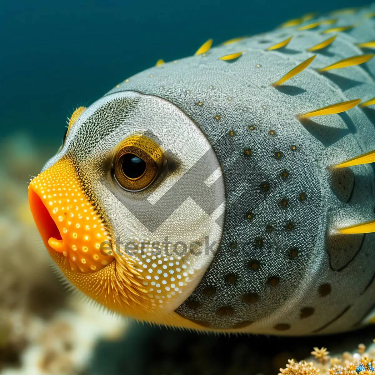 Picture of Tropical underwater puffer fish exploring vibrant coral reef.