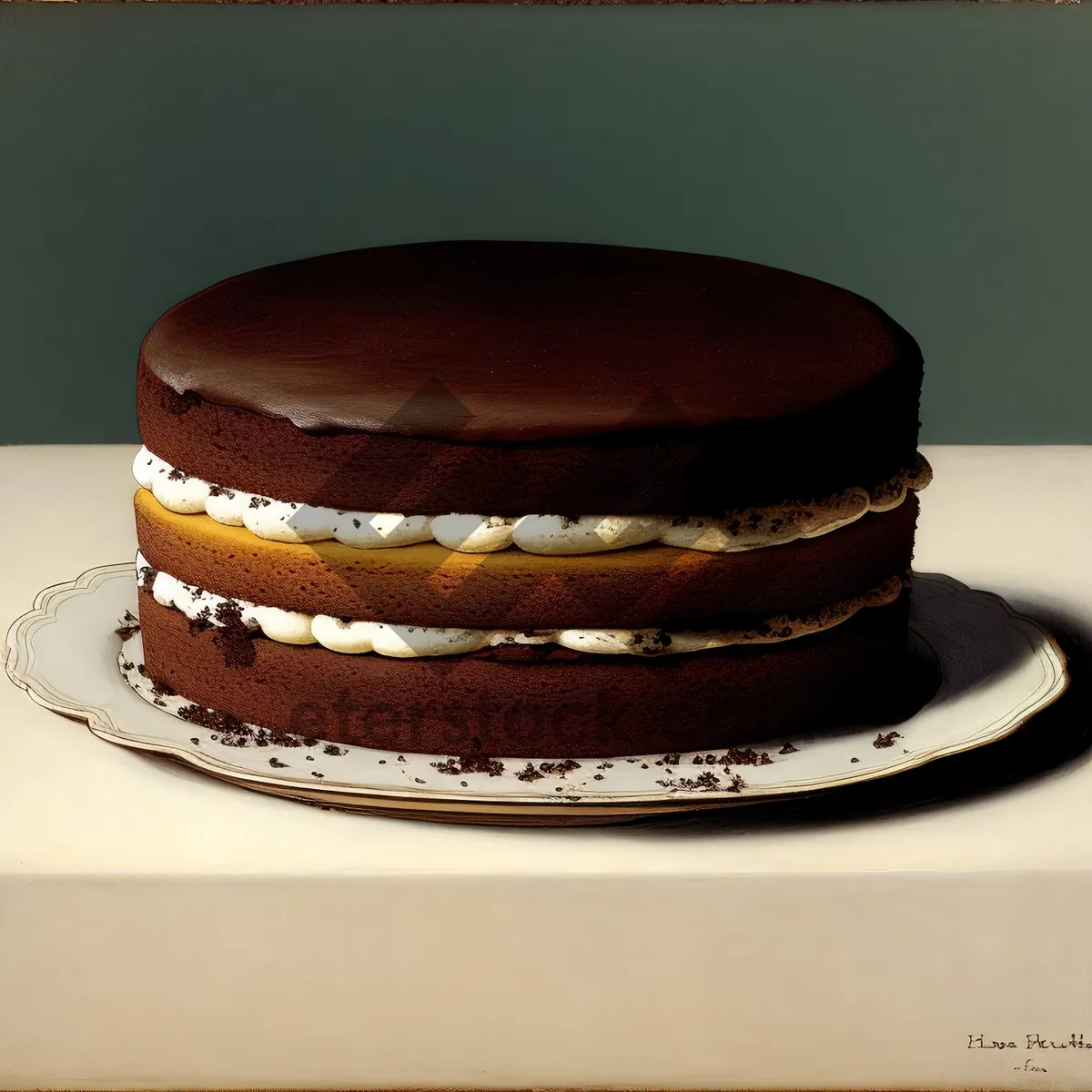 Picture of Delicious Chocolate Cake on Plate with Coffee