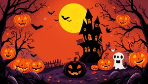 Spooky Moonlit Halloween Scene Cartoon Drawing