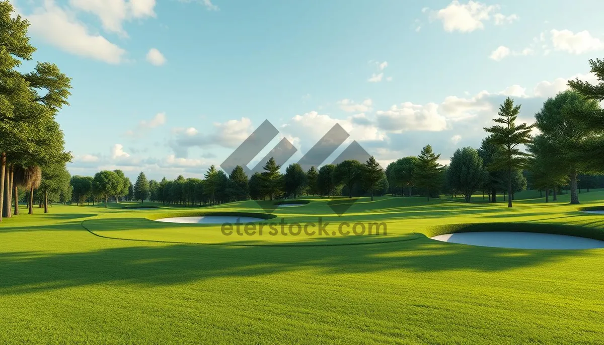 Picture of Scenic golf course landscape with flag and sun