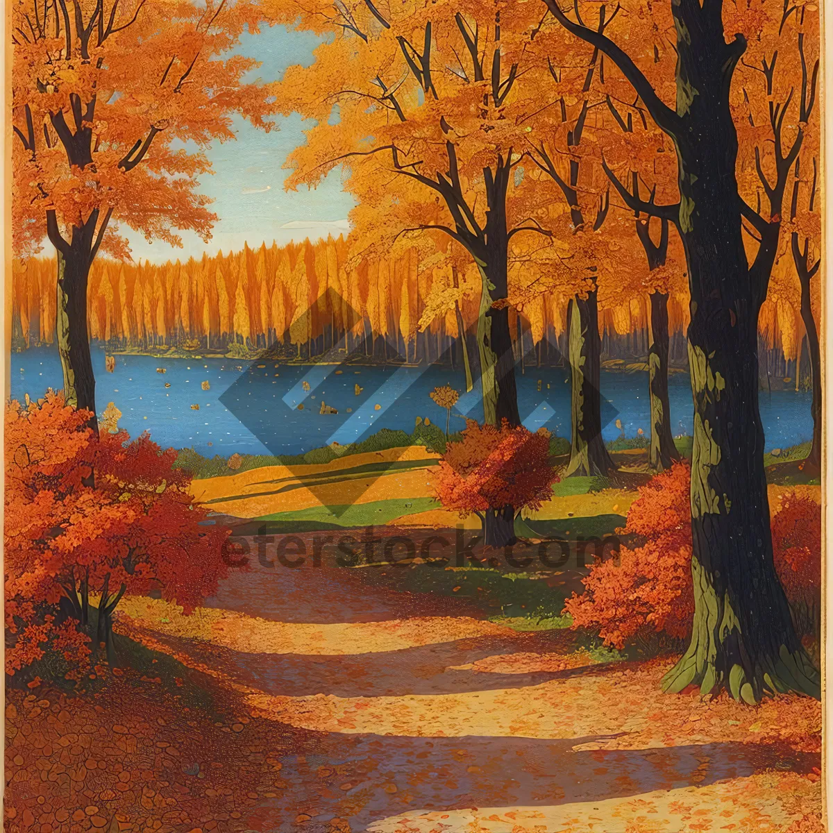 Picture of Orange and Yellow Autumn Trees in Wooded Park