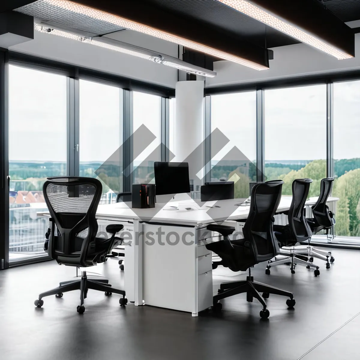 Picture of Modern luxury office interior with wooden furniture and lamp