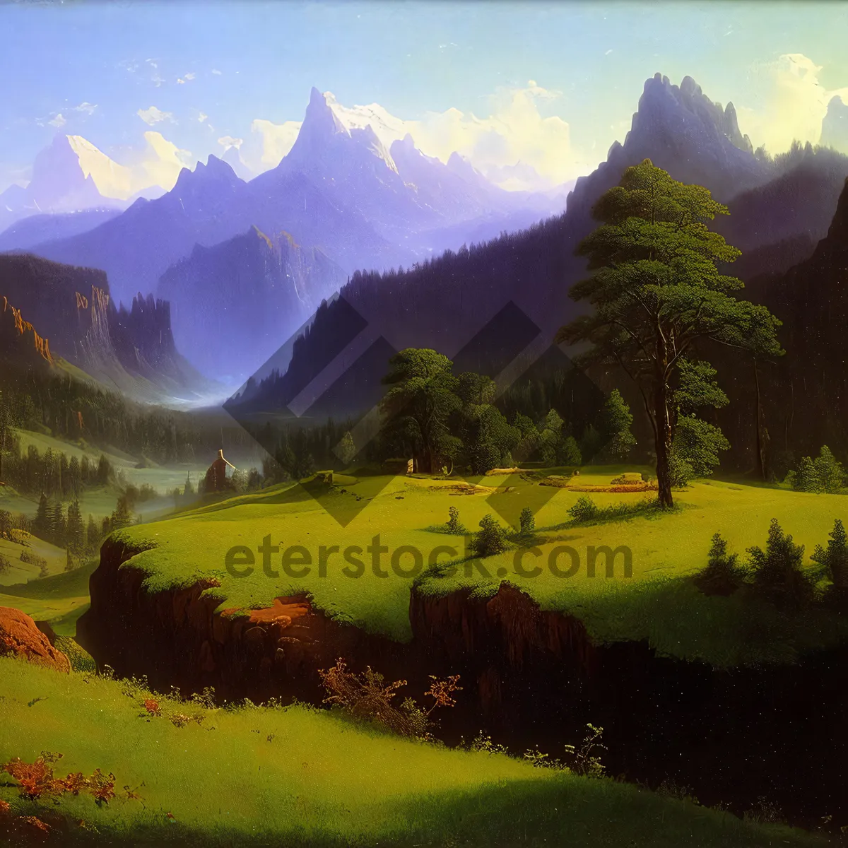 Picture of Serene Summer Valley with Majestic Mountains and Crystal Clear Lake