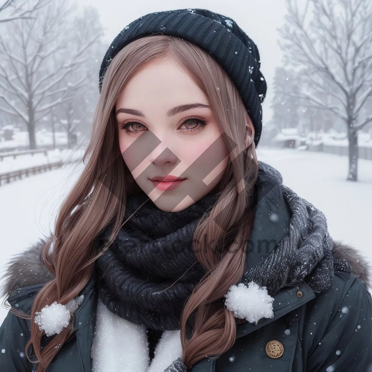 Picture of Smiling Winter Lady in Fashionable Jacket and Scarf