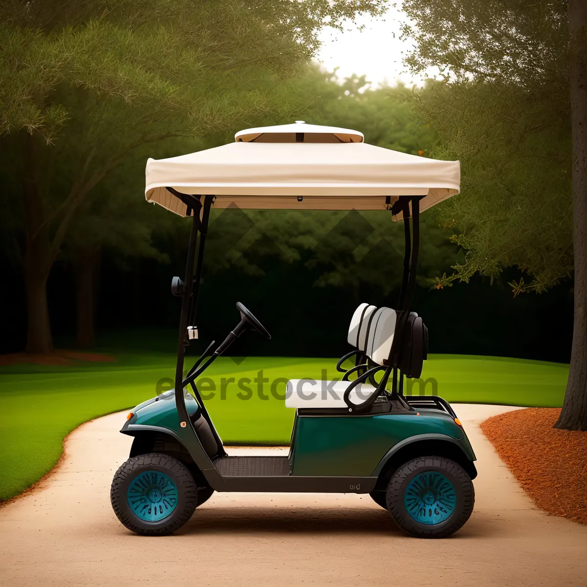 Picture of Golf Cart on a Green Course.