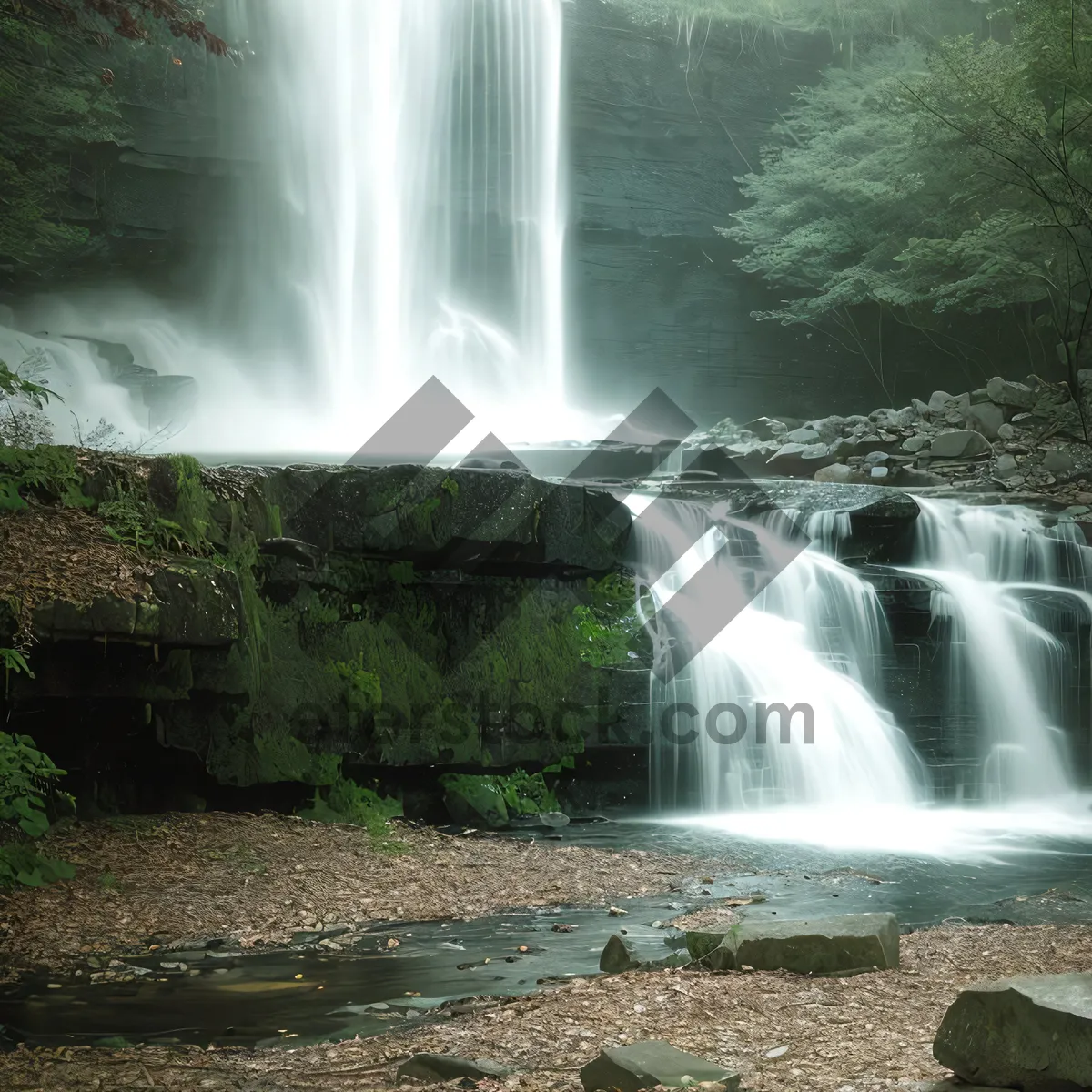 Picture of Serene Waterfall Flowing Through Rustic Forest Landscape