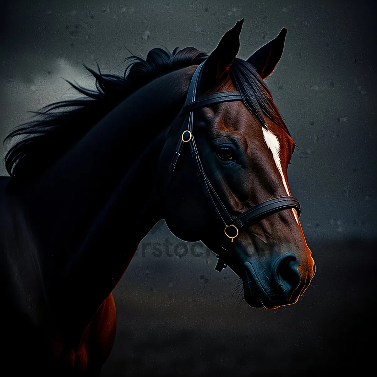 Picture of Brown Thoroughbred Stallion with Bridle and Halter