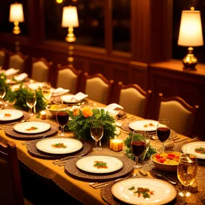 Luxurious dining table setup with exquisite meal.