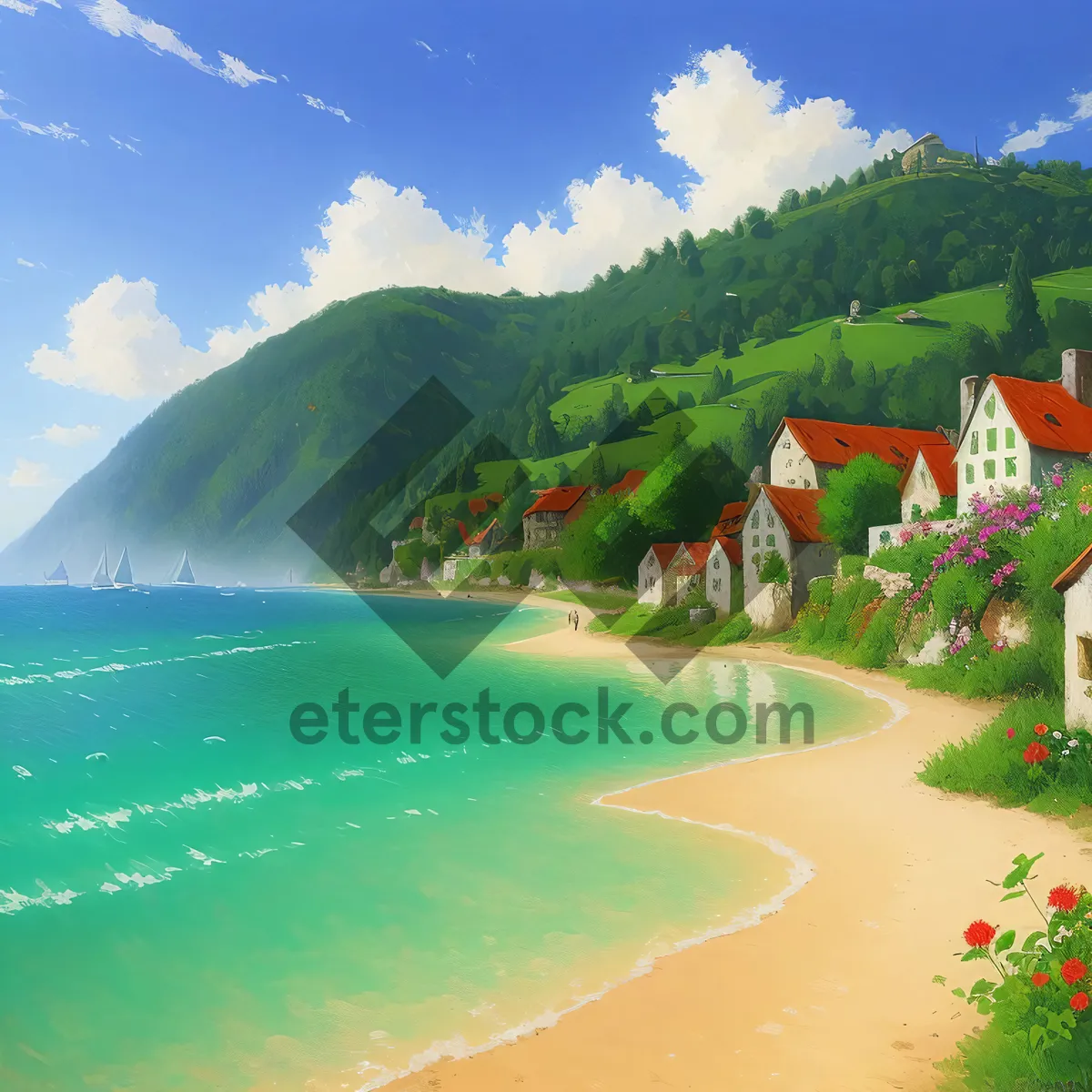 Picture of Idyllic Paradise: Serene beach overlooking crystal-clear ocean waters and lush greenery.