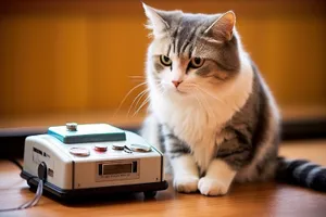 Curious gray tabby cat sitting near printer