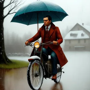 Man riding bicycle with umbrella cart