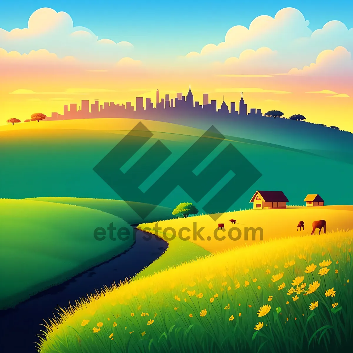 Picture of Serene Sunset Over Rural Meadow and Sea