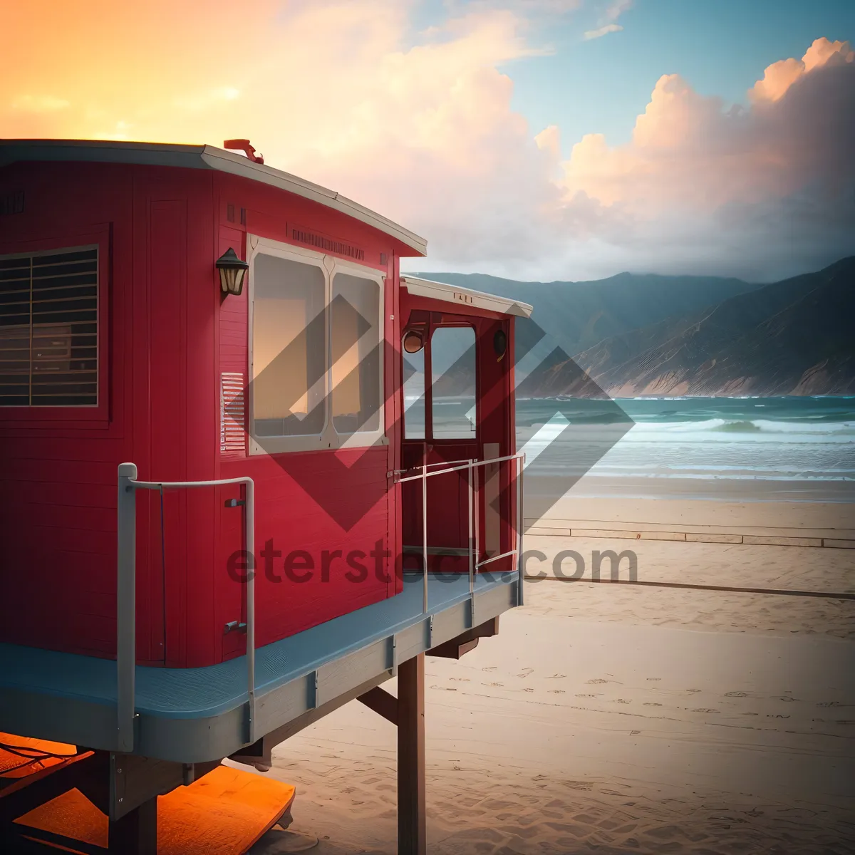 Picture of Coastal Sunset: Serene Beachscape with Boathouse