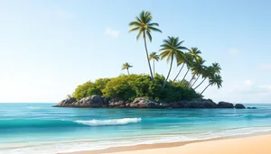 Tropical oasis: palm trees, sandy beach, crystal waters.