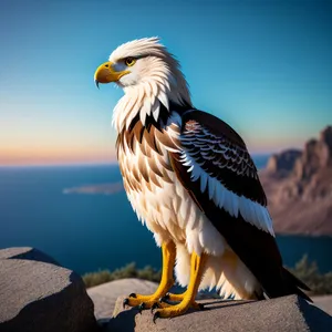 Bald eagle soaring with piercing yellow gaze