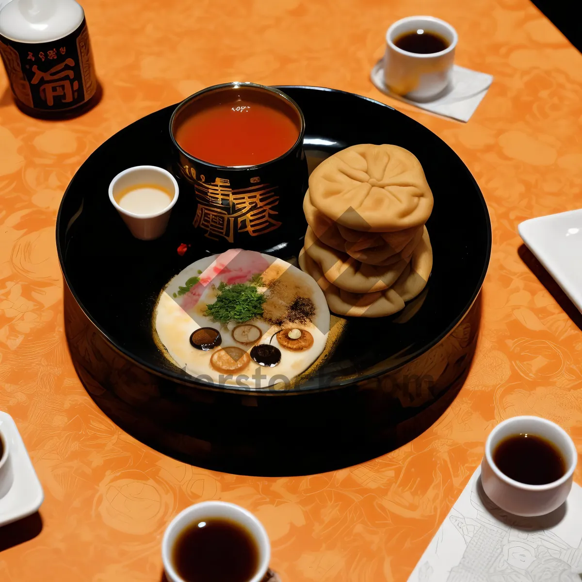 Picture of Hot breakfast meal on restaurant table with coffee cup.