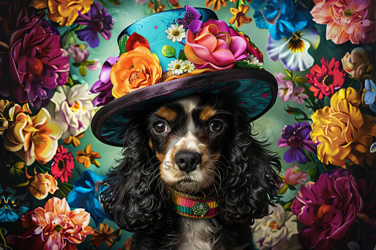 Picture of Cute puppy with flowers in hair portrait