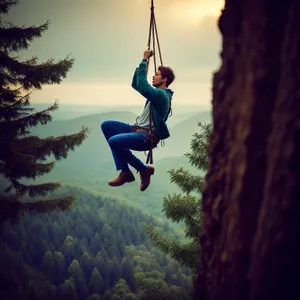 Joyful Swing: A Silhouette of a Happy Man Jumping Against a Sunset Sky