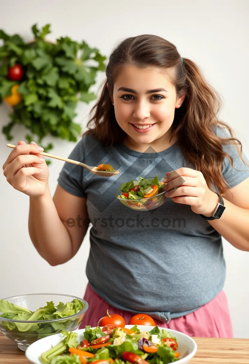 Picture of Happy brunette woman holding fresh food with smile