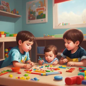 Happy children learning and playing together in a colorful classroom.