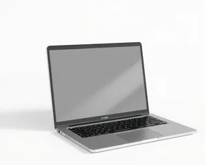 Black modern laptop with blank screen in office setting.