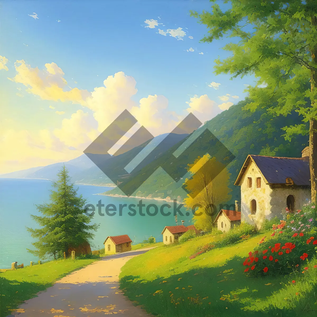 Picture of Scenic Park Building with Sky, Trees, and Water