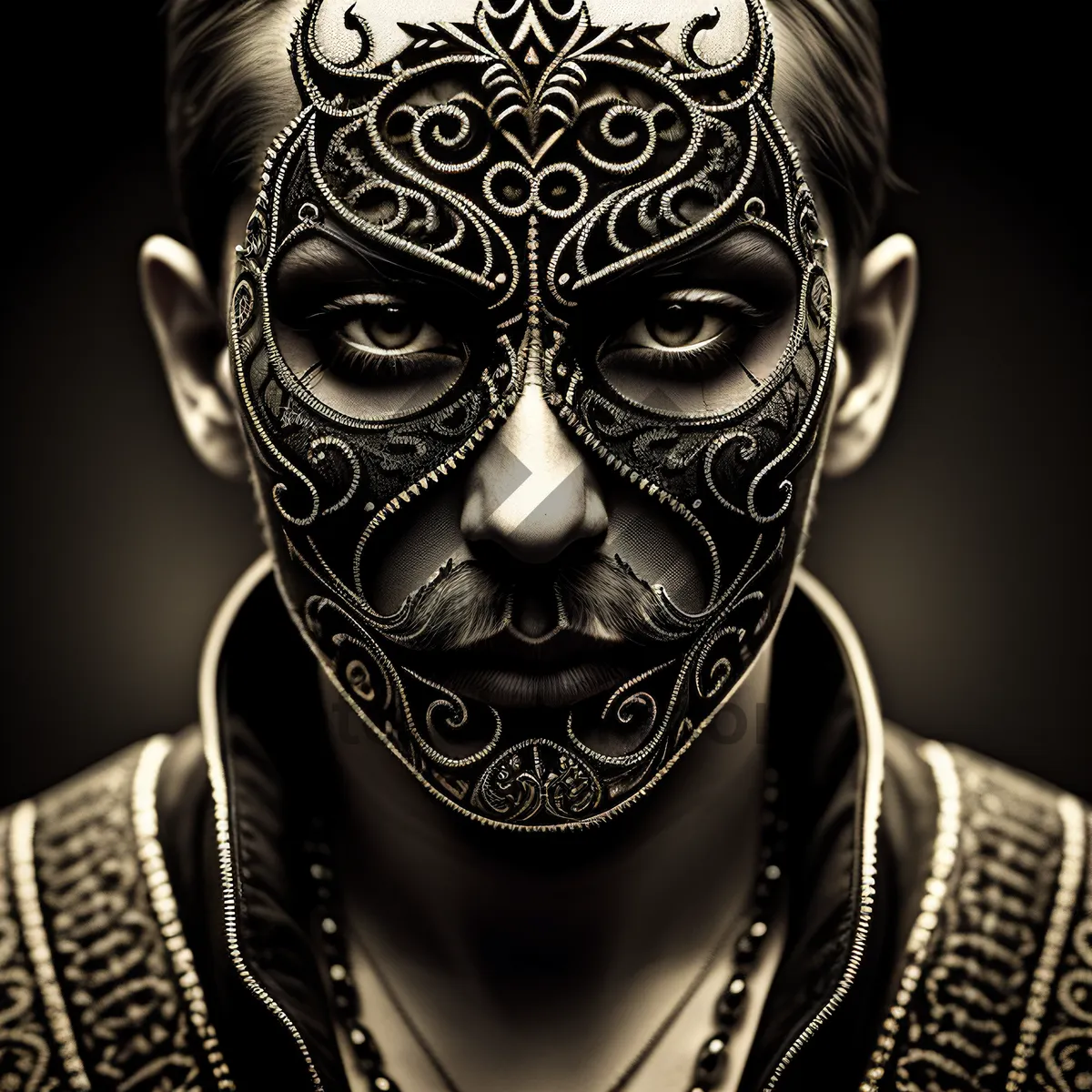 Picture of Sculpted Venetian Mask with Intense Gaze: Captivating Artwork in Black