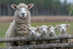 Flock of sheep grazing on rural farm field