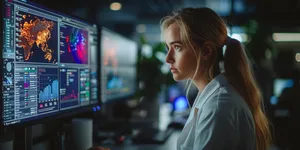 Confident businesswoman smiling at computer in office workspace