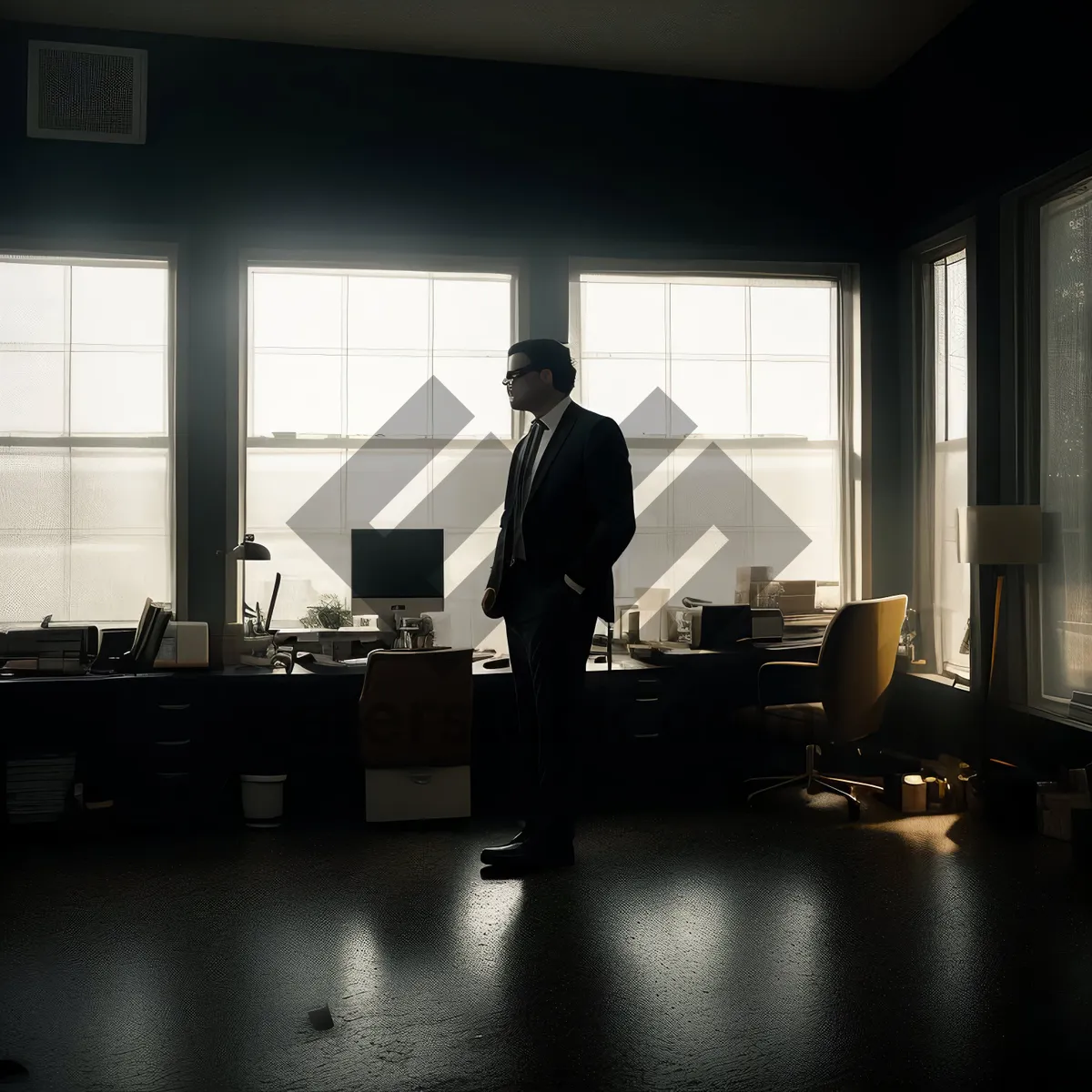 Picture of Modern Office Table with Wood Furniture and Contemporary Lighting