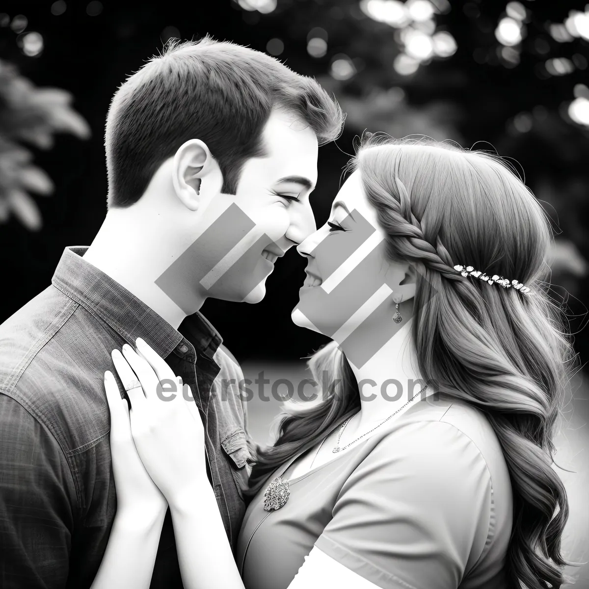 Picture of Happy couple in the park smiling together closely