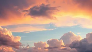 Vibrant summer sky with fluffy clouds at sunset.