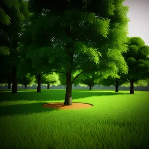 Sunny countryside scene with lush green trees.