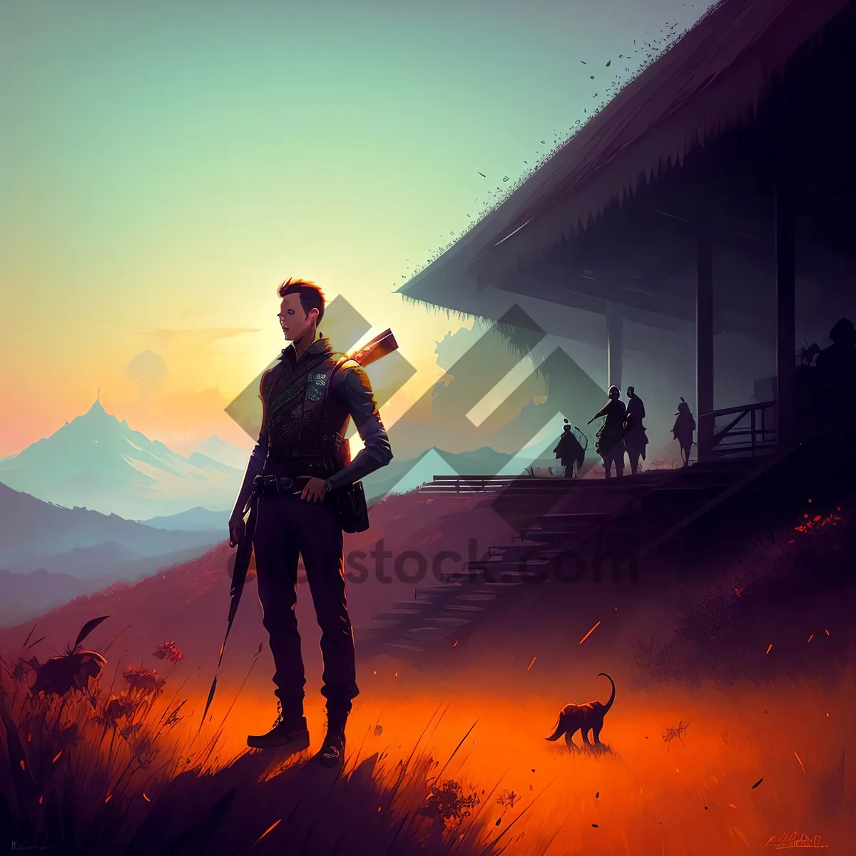 Picture of Sunset silhouette of a hiker in mountainous landscape.