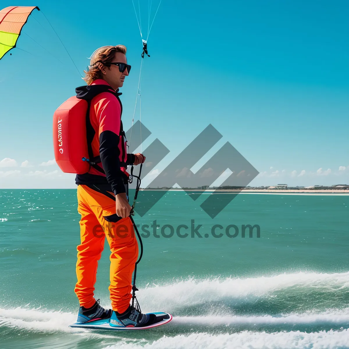 Picture of Man parachuting over beach with umbrella canopy in sky.