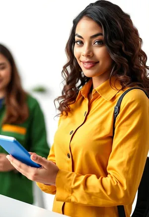 Smiling brunette businesswoman in office looking professional