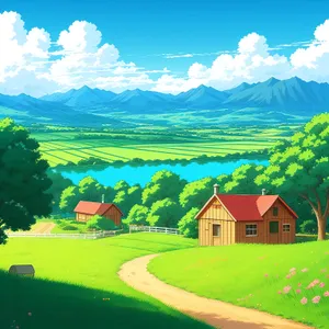 Rural Landscape with Barn and Green Meadow